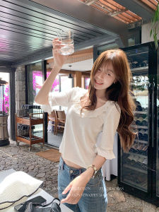 Korean Style White U-Neck Ruffled T-shirt