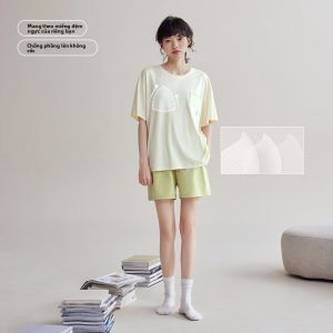 yuenei | Bộ đồ ngủ cotton nguyên chất mùa hè cho cặp đôi Áo chui đầu tay ngắn Quần short Bộ đồ mặc nhà thoáng khí thoải mái