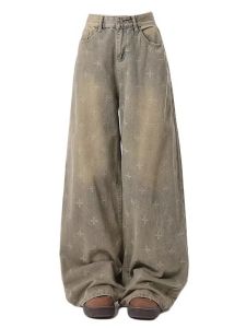 Heavyweight Vintage Washed Wide Leg Denim Jeans Womens Loose Fit High Waist Straight Cut Cross Print Design Casual Trousers