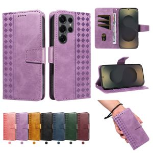 Magnetic Leather Wallet Case for Samsung Galaxy S25 S24 S23 S22 S21 S20 S10 S10e S9 S8 Ultra Plus FE Flip Cover | Grid Pattern