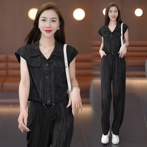 Shalldoer | Trendy Slim Fit Sleeveless Shirt and Wide Leg Pants Set Summer