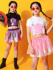 YUZHOUTUO | Girls Jazz Dance Outfit Glitter Cool Set Pink
