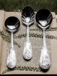 Retro Giảm Thìa Tráng Miệng Inox 18-10 Bầu Hình Đá Màu Be Thìa Chim Hoa Họa Tiết Phương Tây Dao Kéo Sử Dụng Tại Nhà