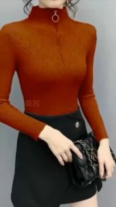 Baju rajut sweater wanita kerah tinggi resleting turtleneck zipper motif garis salur polos tangan panjang knitwear switer atasan cewek rajutan outer tebal melar elastis all size