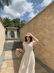 Cute White Lace Patchwork Bubble Sleeve Korean Style Long Dress Heavyweight Elegant A-Line Skirt Casual High Waist Summer Dress