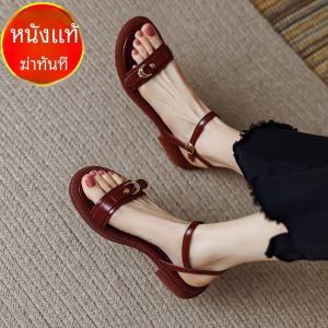 รองเท้าแตะหนังแท้ทรงแบนสำหรับผู้หญิงในช่วงฤดูร้อนปี 2024 รองเท้าแตะแบบสวมหัวกลมนุ่มกันลื่น สายรัดเดี่ยว สไตล์เรโทร