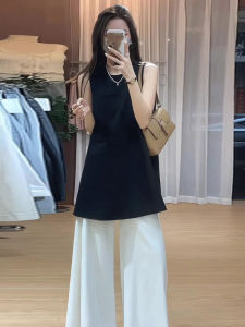 เสื้อเชิ้ตแขนกุดผ้าลินินสีดำสไตล์ฝรั่งเศสสำหรับผู้หญิงในช่วงฤดูร้อน ทรงหลวมๆ น้ำหนักเบา ดีไซน์เข้ารูป สวมใส่สบาย