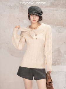 loveheynew | Áo Sweater Knit Dài Tay Cổ V Đính Nơ Tai Thỏ Phong Cách Elegance Ôm Sát