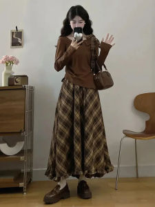 XUECAIQI | Fashionable Bow Long Sleeve Top Plaid Skirt Set Women