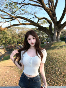 White V-Neck Hollow Short Sleeve Fitted Knitwear
