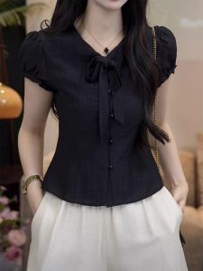 Black V-Neck Puff Sleeve Shirt