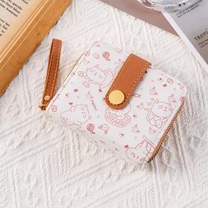 Cute Cat Short Wallet Womens Zipper Coin Purse Student ID Card Holder Korean Style Horizontal Shape PU Leather Youth Bag