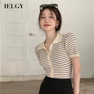 IELGY Womens striped polo collar knitted top with contrast color and versatile