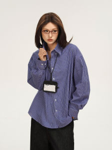 Loose Casual Blue Plaid Long Sleeve Womens Shirt JUNECUT American Retro Lazy Style Cotton 100% Comfortable Fit Classic Collar