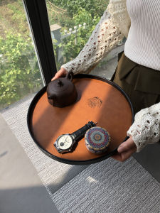 Luxurious round Tray Real Wood Leather Sample Room Home Decoration Watch Jewelry Storage Tray Customizable Waterproof Design
