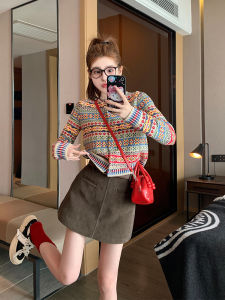 Retro Ethnic Wind Shoulder Cardigan Sweater Outwear Womens Autumn Clothing Thin Small Short Knitting Inner Wear Blouse Fashion