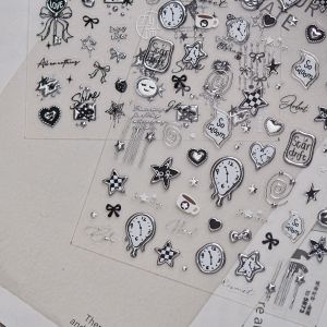 Metal Silvery Bowknot Strawberry Clock Watch Starburst Love Heart Key Dot Design Self adhesive Nail Art Decorative Stickers