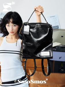 Original SmoSmos Commuting Leather Backpack Womens Computer Bag Double Shoulder Bag Casual Pure Color Large Size Youth