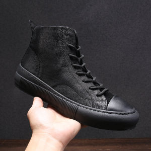 รองเท้าพื้นเรียบข้อสูงรองเท้าบูทสั้นบุขนผูกเชือกหนังแท้ผู้ชายรองเท้าบูทมาร์ตินหนังผิวหยาบสีดำแฟชั่นแนวลำลองใส่ช่วงฤดูใบไม้ร่วงและฤดูหนาว