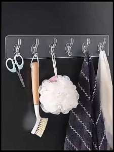 Punch-Free Transparent 6 Hooks Strong Adhesive Wall Mount Hanging Hook Kitchen Bathroom Towel Storage Hanger Hook