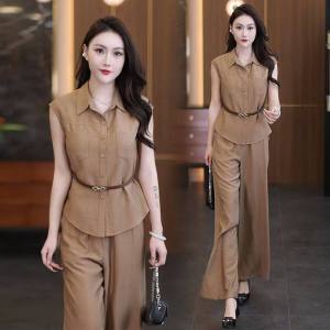 【Blouse+Wide Leg Pants】Fashion Sleeveless Terno Women Korean Style Casual Two Pieces Sets Temperament Elegant Lapel Loose Two Piece Suits Filipinina Modern Female shirt collar ternos