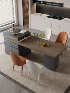 Scalable Luxury Home Dining Table Integrated Rock Slab Base Stainless Steel Plateau Style Kitchen Island Table