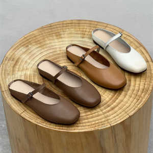 Genuine Leather Mary Jane Slippers for Women Open Toe Flat Bottom Outdoor Wear Summer New Style Retro Strap Slip-On Shoes