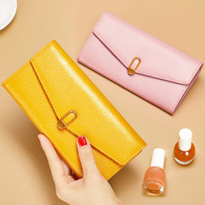 Pure Leather Long Wallet for Women Yellow Cowhide Zipper Large Capacity Thin Wallet Korean Style Fashionable Youth