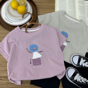 Boys Summer Cotton T-Shirt Loose Fit Short Sleeve Breathable Light Weight round Neck Cartoon Print Childrens Fashion Top