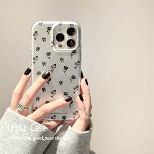 Ufull Ins Style Black Rose Flower Phone Case for Apple 16 pro 17 pro Max New Iphone 14 Womens Model 15 Electroplated Silver 14 pro Max Premium Feel 13 Anti-Fall Protection Cover