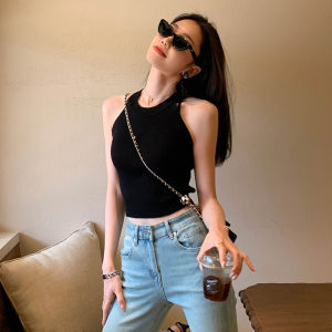 American Style Womens Neck Tie Vest Slim Fit Knitted Cotton Top for Summer Open Back Patchwork 3D Decoration Work Clothing