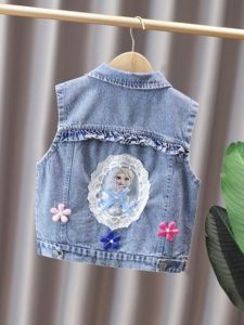 Trendy Korean Style Girls Denim Vest Spring Autumn New Arrival Childrens Clothing Baby Outerwear Casual Cartoon Pattern