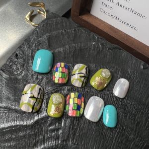 HESASA Pure Handmade Wearable Nail Art Glass Element Short Colorful Floral Design False Nails Bright Color Series from China
