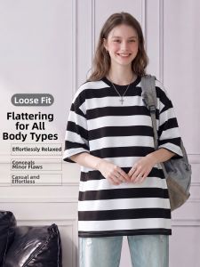 LIDIA | Colorblock Stripes Shoulder Drop Short Sleeve Loose Leisure Womens T-shirt