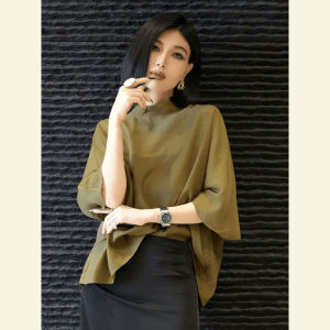 Elegant Green Silk Batwing Sleeve Shirt Stand Collar Fashionable High End Autumn Winter Ladies Casual Wear Apple Shape Size