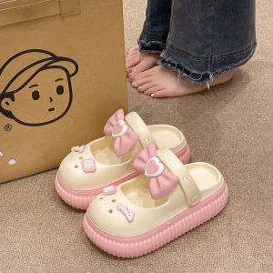 Young Adult Heart Bows Hole Shoes Womens Summer Students Cute Outdoor Thick Sole Height Increasing Non-Slip Closed Toe Sandals