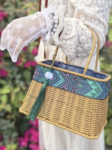 Rattan Woven Embroidered Handbag Ethnic Style Casual Photography Props Cheongsam Beach Bag Double Handle Drawstring Closure Cotton Lining