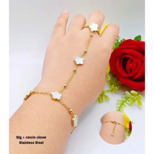 Gelang + Cincin Motif Variasi Bunga 4 kelopak Bunga Kupu-kupu & Love Imut Terbaru Anti Karat