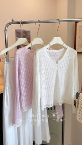 Áo len dệt kim dài tay mỏng mùa hè có ren cho nữ 2025 mới phong cách Hàn Quốc  Gu Basic