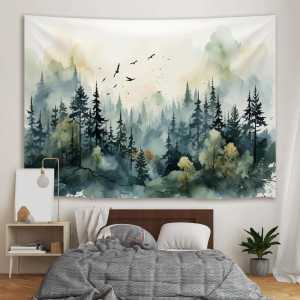 VIKAMA Watercolor Misty Forest Flying Bird Tapestry Healing Background Cloth Nordic Living Room Decoration Room Decoration
