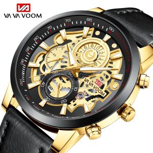 VA VA VOOM Brand Men Leather Watch Fashion Industrial Gear Clock 45mm Gold Quartz Movement Waterproof Man Military Sports Watch