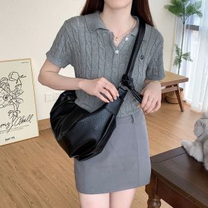 Korean Style Retro Large Capacity Soft Leather Ruched Dumpling Bag Idle Style Casual Easiest for Match Horn Can Be Praised Shoulder Messenger Bag
