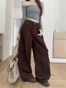 Retro American Coffee Color Wide Leg Jeans High Waist Straight Workwear Pants Long Trousers for Women Autumn Winter Loose Fit