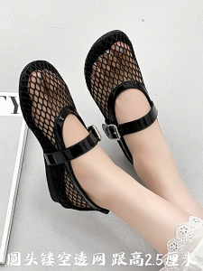 Black Hollow Mary Jane Shoes Womens Thick Heeled Comfortable Breathable Single Shoes