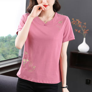 Elegant Embroidered Pure Cotton Short Sleeve T-Shirt Womens Loose Fit Summer Fashion Mid-aged Ladies Top Breathable Sweat-wicking