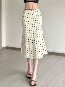 Slimming mid Length Waist Cinching Dress Womens Bodycon Dress Long Skirt Polka Dot Pattern PU Material Spring Summer Autumn