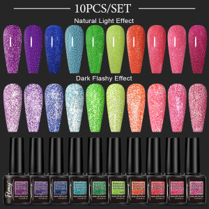 Set of 10 Glitter Gel Nail Polish Set - Shiny Long-lasting UV-absorbing Varnish for Hands and Feet Fragrance-free Flaky Nail