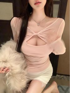 Titi Vintage Knotted Hollow out Long Sleeve V-Neck Womens T-Shirt Autumn Fashion Slim Fit Backless Top Ladies Premium Style