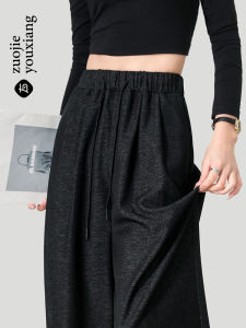 Summer New Womens Wide Leg Pants Loose Fit Casual Straight Cut Fake Denim Harem Trousers Black High Waist Long Polyester Fiber