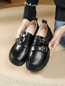 British Style Womens Flats Black Leather Soft Bottom Shoes Spring 2025 Fashion Thick Heel round Toe Comfortable Casual Shoes
